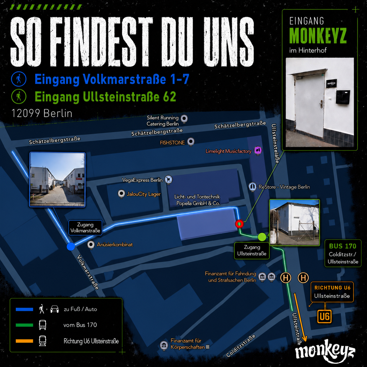 Lageplan: Zugänge Volkmarstraße 1–7 und Ullsteinstraße 62 zur monkeyz-Abgabestelle